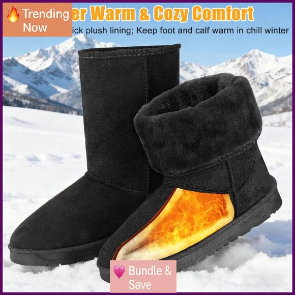 Women's Faux Suede Water Resistant Winter Boots Mid Calf Warm Fur Lined - Picture 3 of 8